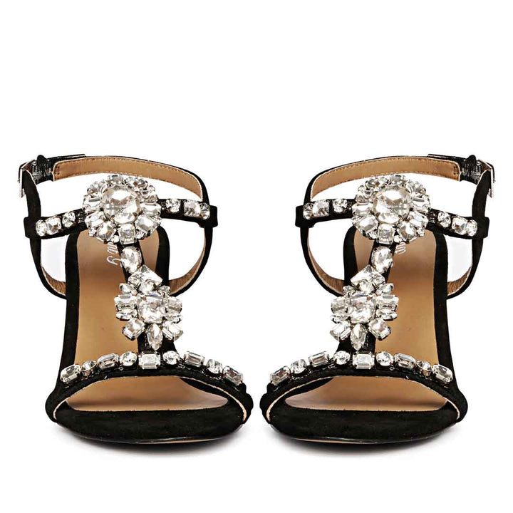 Saint Lucia Transparent Stone Embellished Black Suede Leather Block Heels