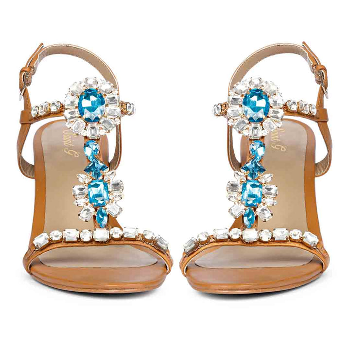Saint Lucia Transparent & Blue Stone Embellished Cuoio Leather Block Heels