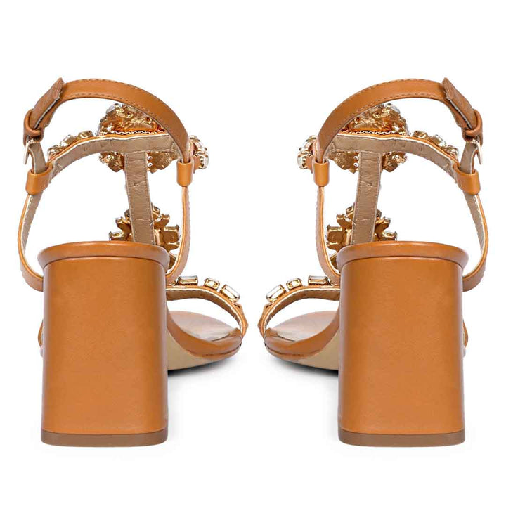 Saint Lucia Transparent & Blue Stone Embellished Cuoio Leather Block Heels