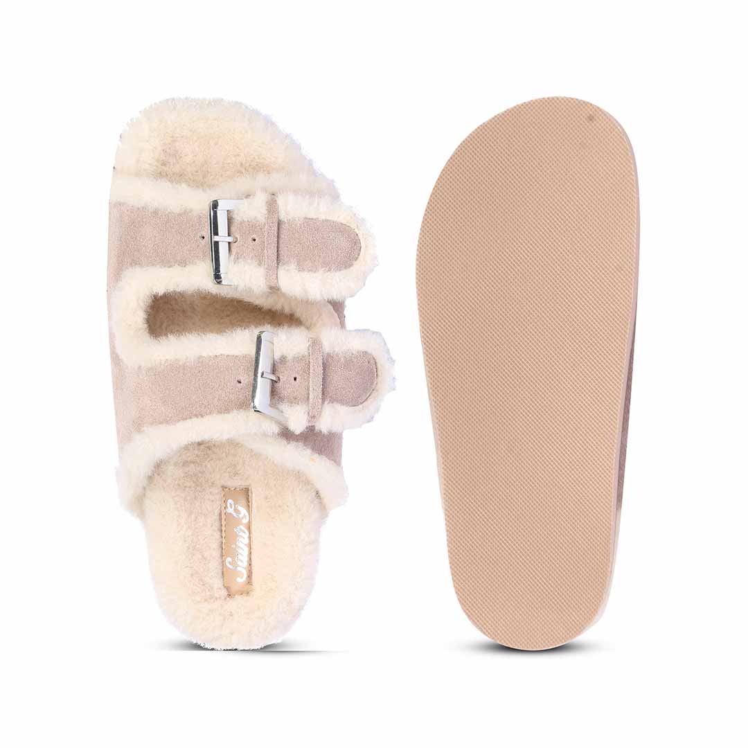 Saint Cosima Fur Taupe Suede Leather Snug Flats