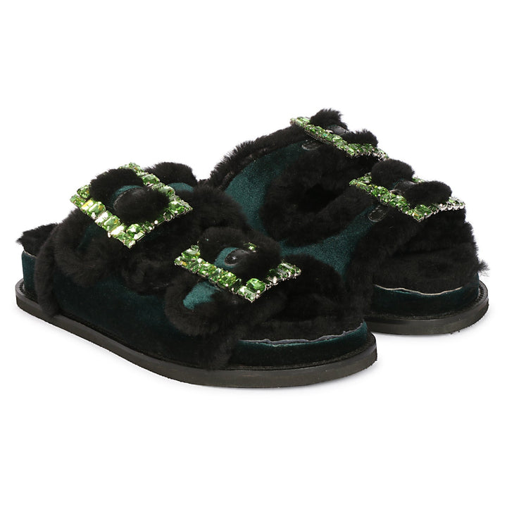 Saint Gemma Crystal Buckle Green Fur Snug Sandals