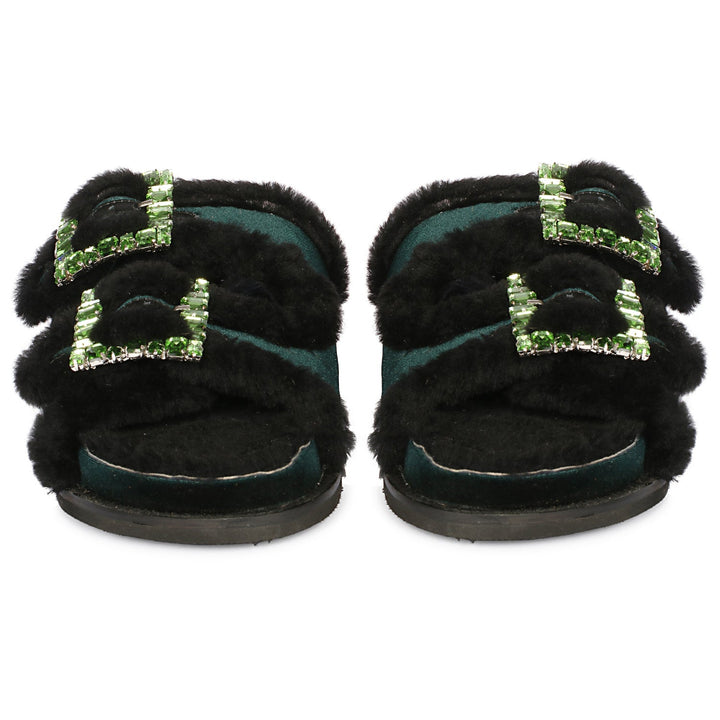 Saint Gemma Crystal Buckle Green Fur Snug Sandals