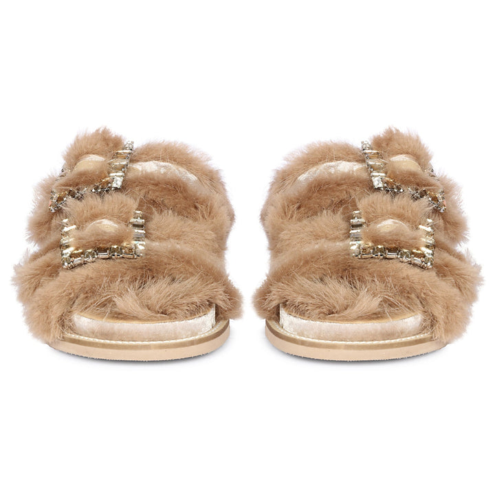 Saint Gemma Crystal Buckle Beige Fur Snug Sandals