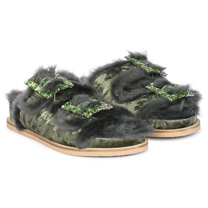 Saint Gemma Crystal Buckle Pastel Green Fur Snug Sandals