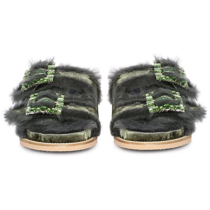 Saint Gemma Crystal Buckle Pastel Green Fur Snug Sandals