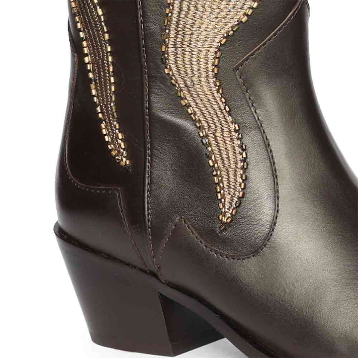 Saint Tiziana Hand Embroidered Brown Leather Cowboy Boots