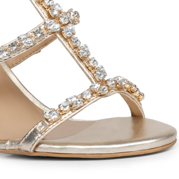 Embellished Gold Metallic Leather Cage Block Heels