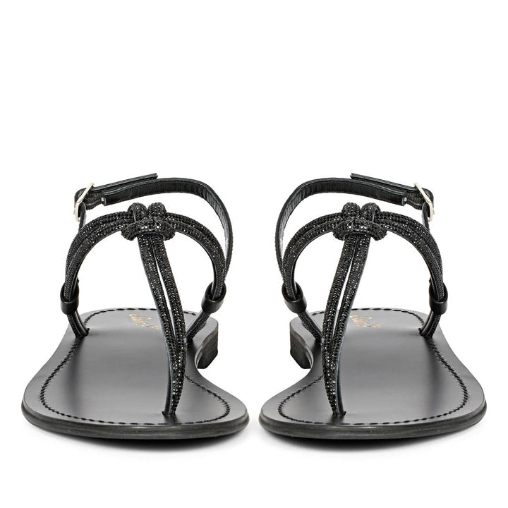 Saint Elsie Crystal Cord Black Leather Flat Sandals