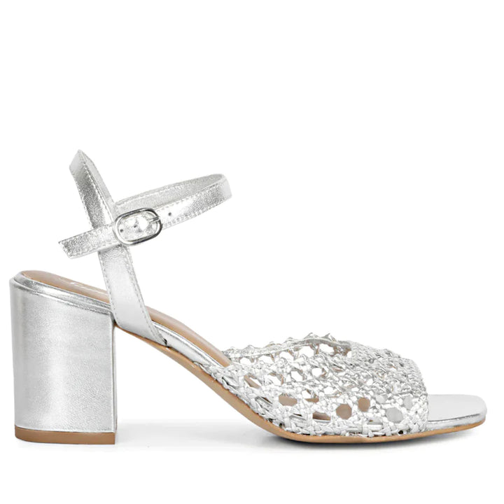 Silver Hand Woven Leather Block Heels for women