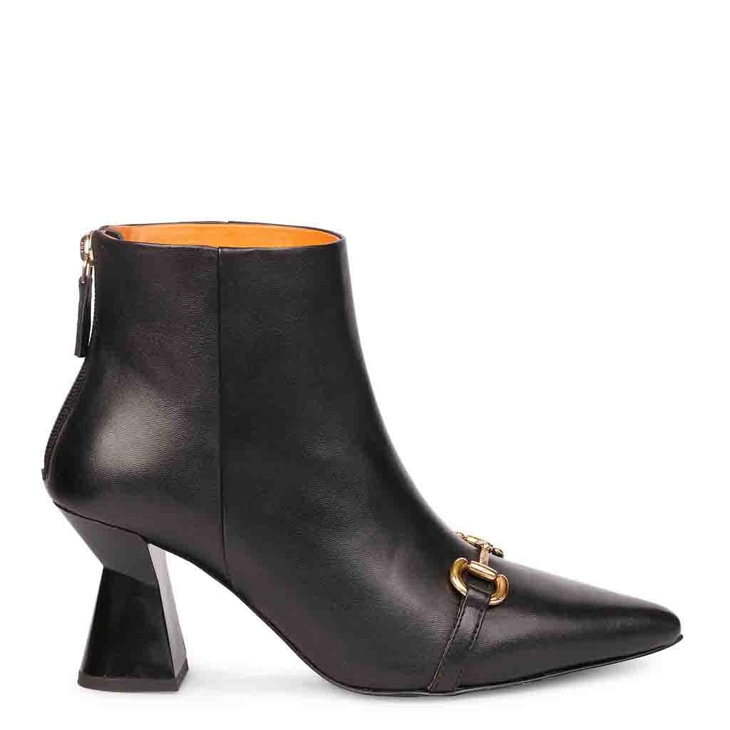 Saint Ashley Black Leather Gold Horsebit Decor Back Zip Boots