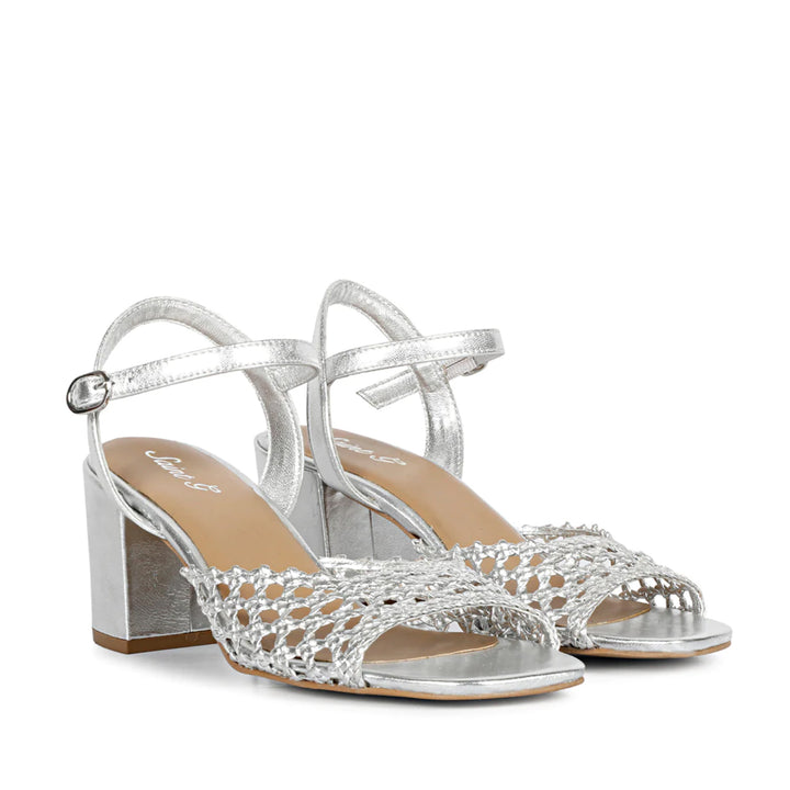Silver Hand Woven Leather Block Heels
