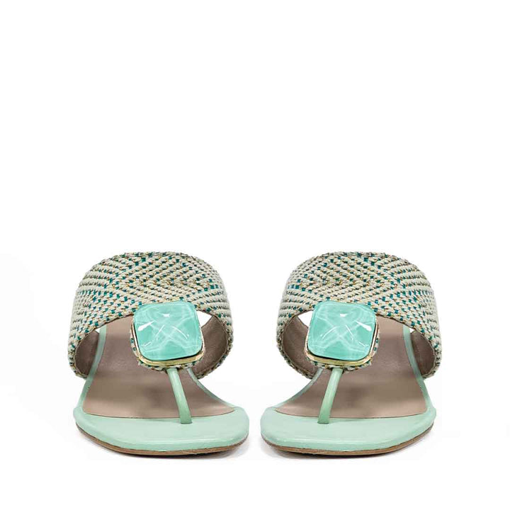 Saint Stevie Stone Jeweled Turquoise Raffia Block Heels