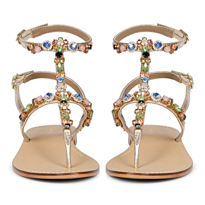Saint Zuri Multi Stone Embellished Platin Leather Sandals
