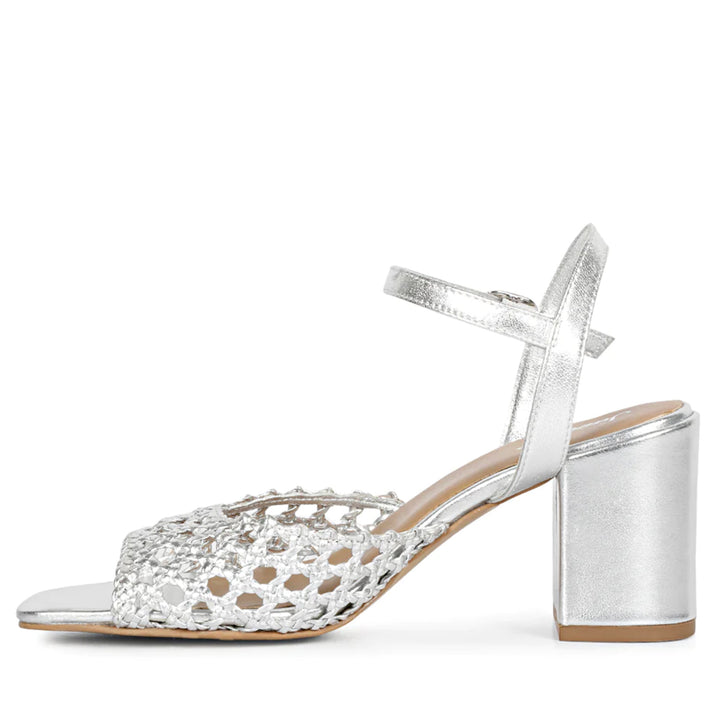 Silver Hand Woven Leather Block Heels