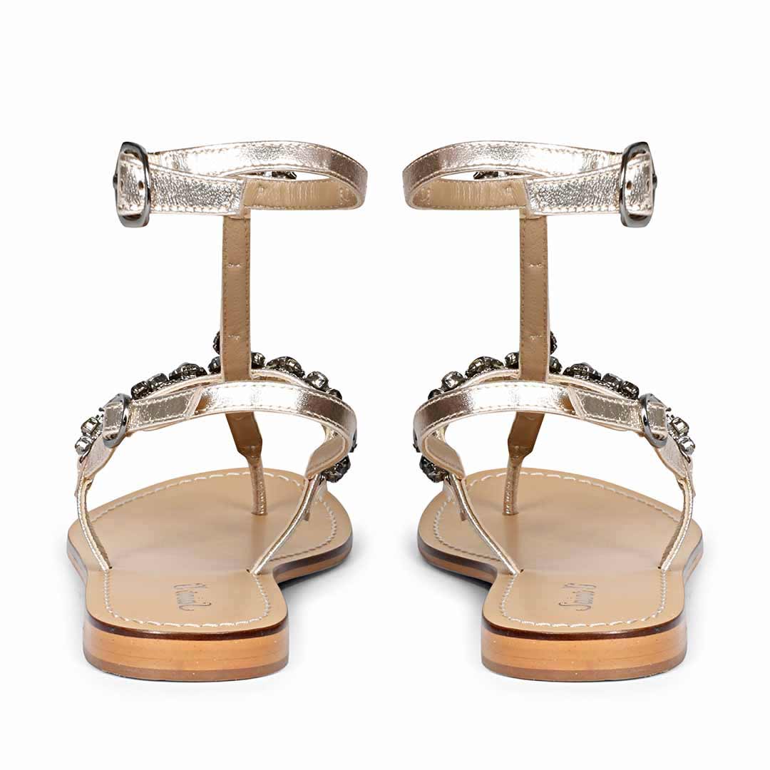 Saint Zuri Black Stone Embellished Platin Leather Flat Sandals