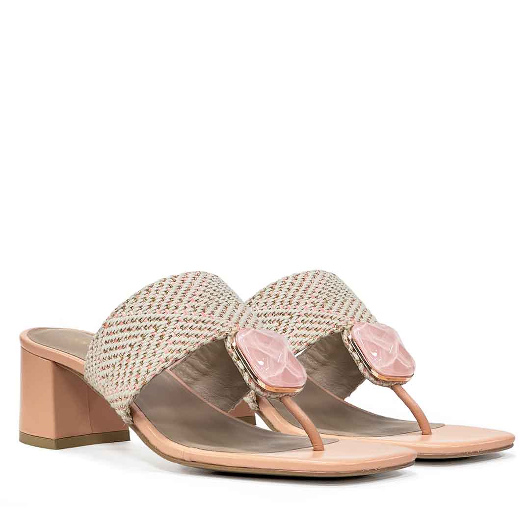 Saint Stevie Stone Jeweled Pink Raffia Block Heels
