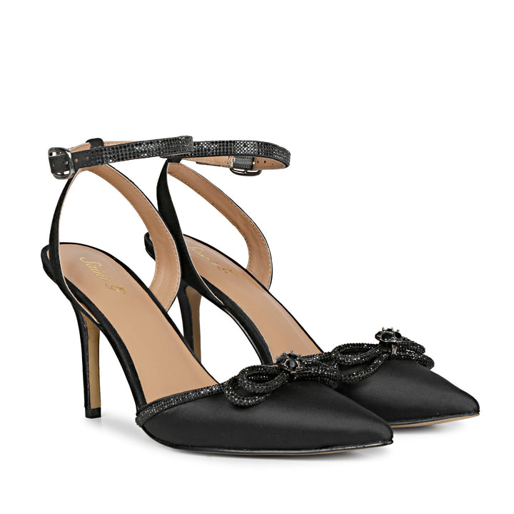 Studded Bow Black Leather Stilettos and Pump