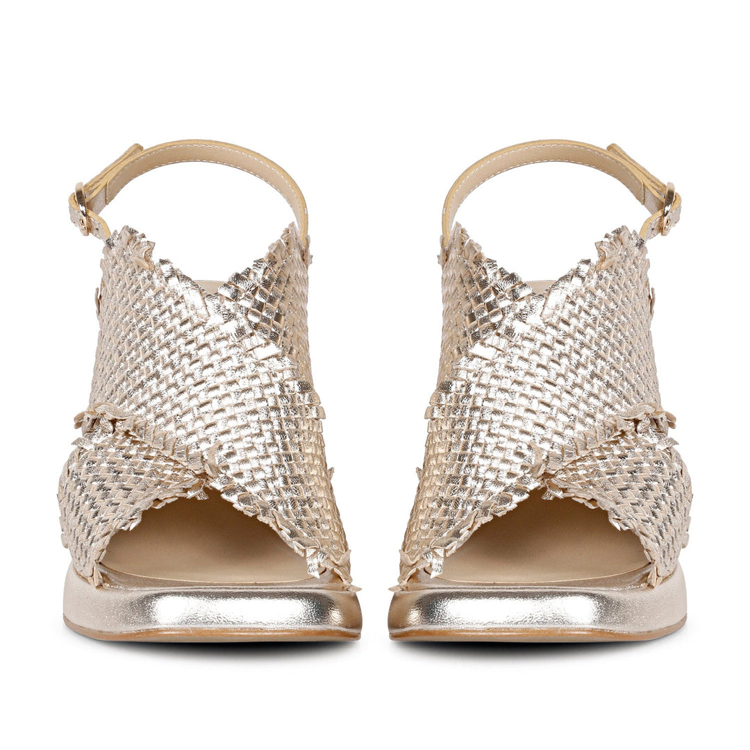 Saint Shelby Gold Metallic Crisscross Fringed Woven Leather Block Heels