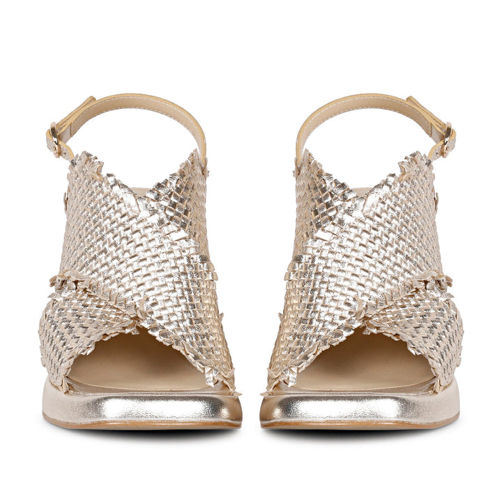 Saint Shelby Gold Metallic Crisscross Fringed Woven Leather Block Heels