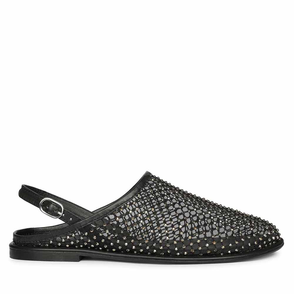 Saint Elira Strass Embellished Black Mesh & Leather Flats