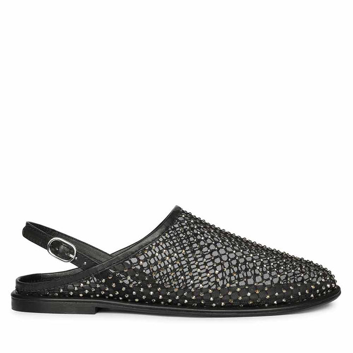 Saint Elira Strass Embellished Black Mesh & Leather Flats