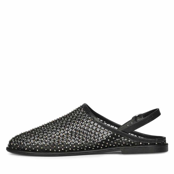 Saint Elira Strass Embellished Black Mesh & Leather Flats