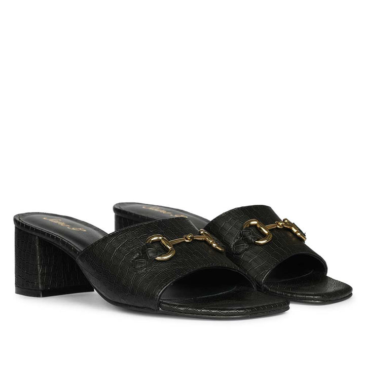 Saint Blair Black Croc-embossed Leather Block Heels