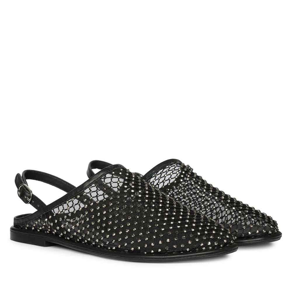 Saint Elira Strass Embellished Black Mesh & Leather Flats