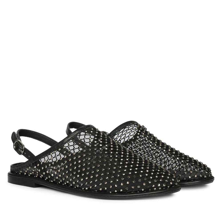 Saint Elira Strass Embellished Black Mesh & Leather Flats