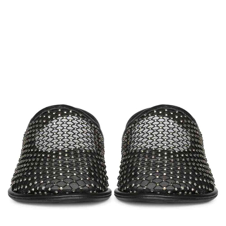 Saint Elira Strass Embellished Black Mesh & Leather Flats