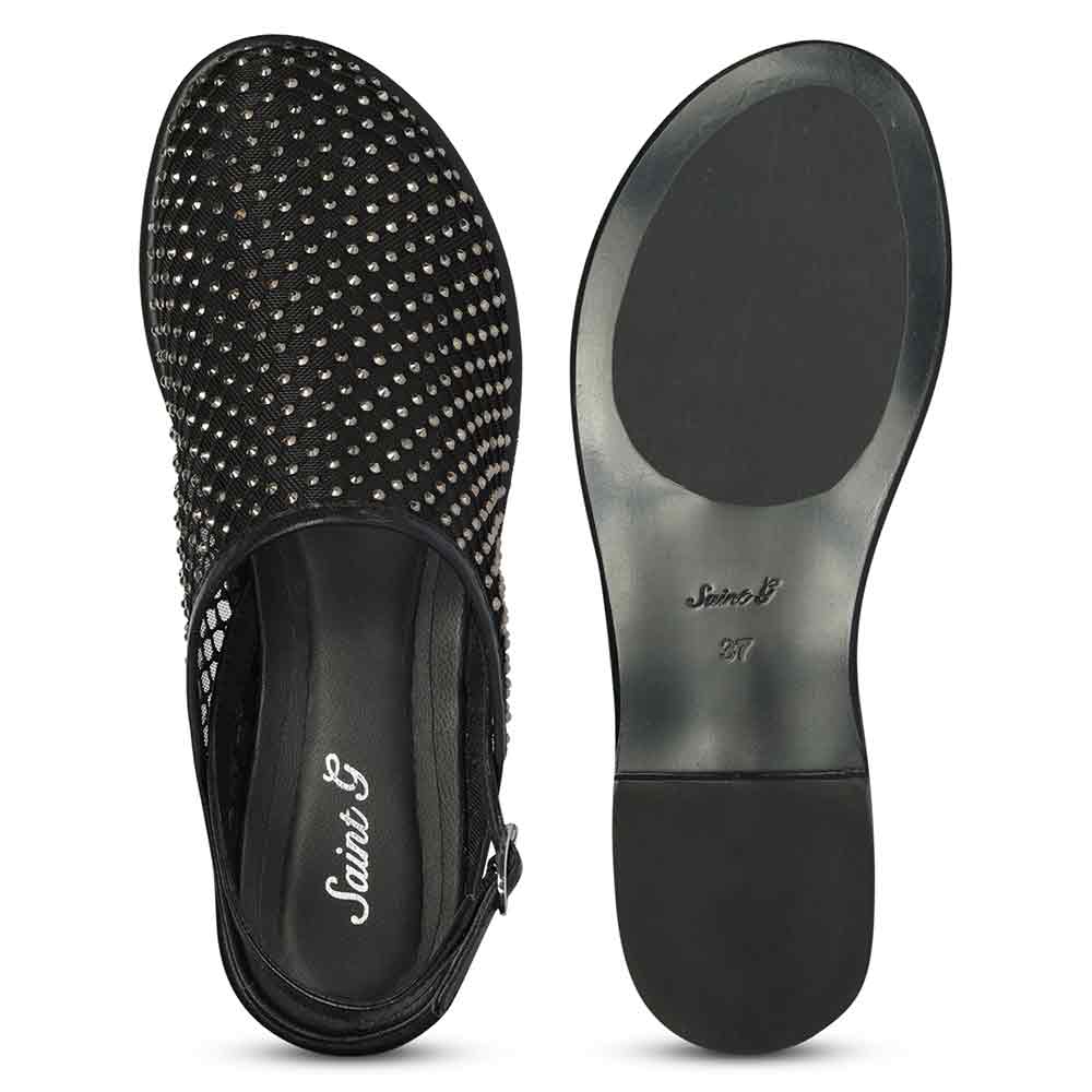 Saint Elira Strass Embellished Black Mesh & Leather Flats