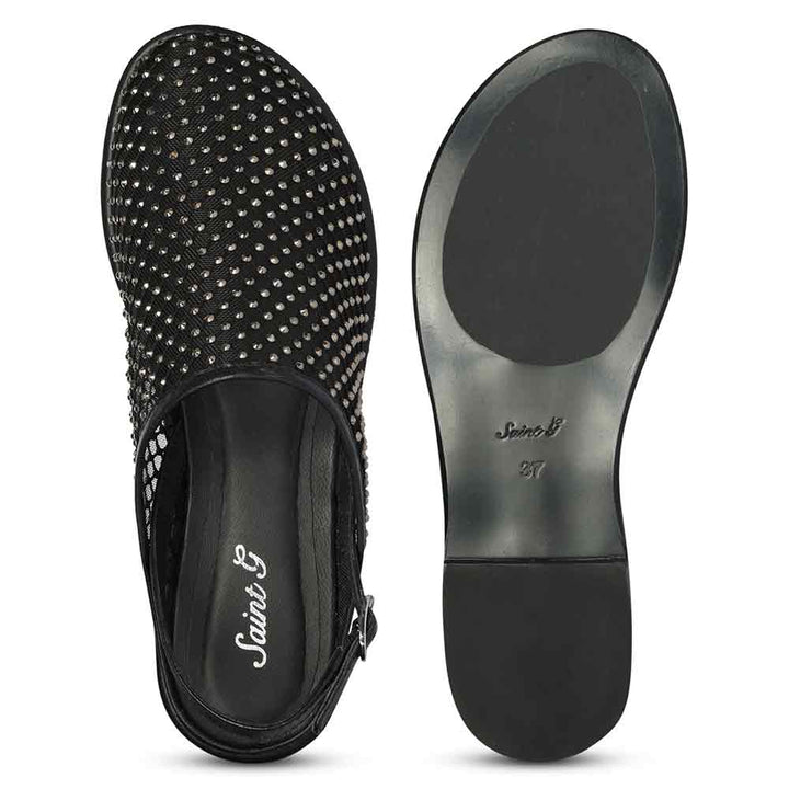 Saint Elira Strass Embellished Black Mesh & Leather Flats