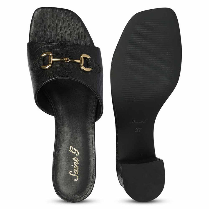 Saint Blair Black Croc-embossed Leather Block Heels
