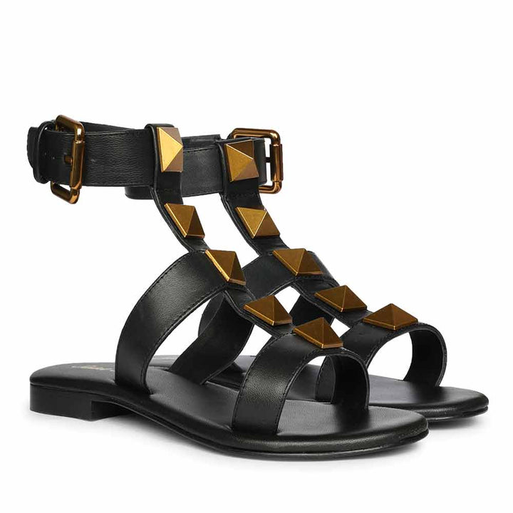 Saint Ida Metal Studded Black Leather Sandals