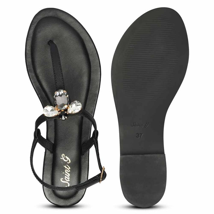 Saint Elara Stone Embellished Black Leather Sandals