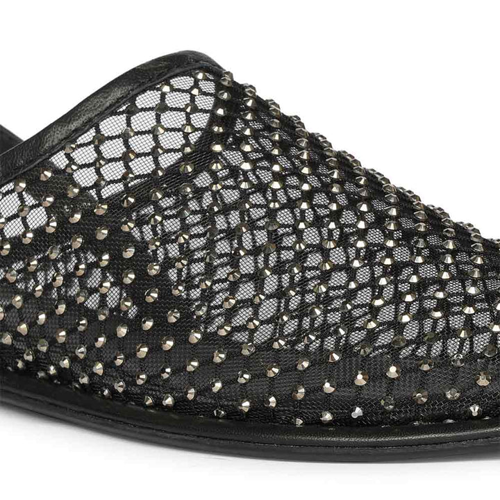 Saint Elira Strass Embellished Black Mesh & Leather Flats