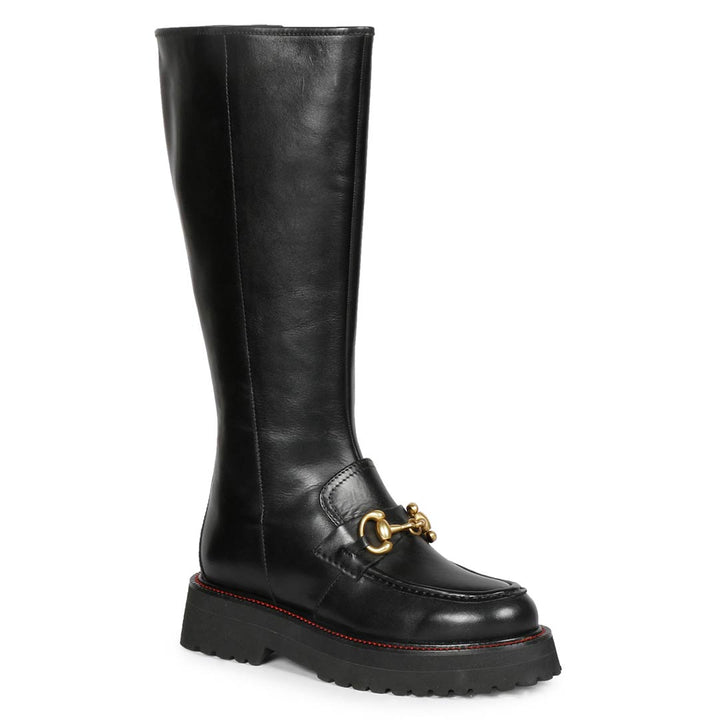Saint Noble Black Leather Horse Bit Décor Long Boots