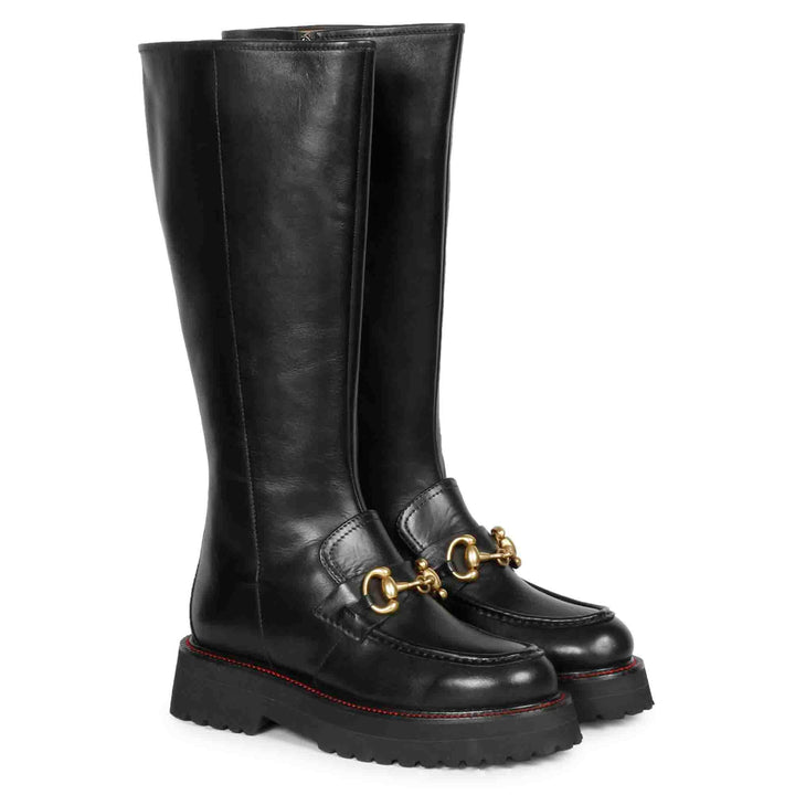 Saint Noble Black Leather Horse Bit Décor Long Boots