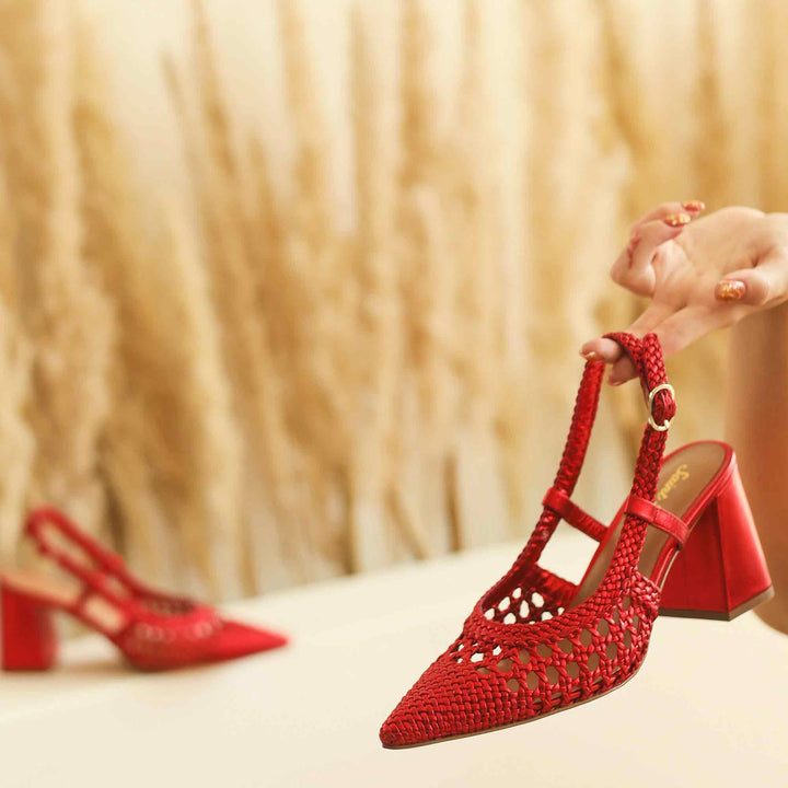 Saint Fabienne Red Metallic Hand Woven Leather Block Heels