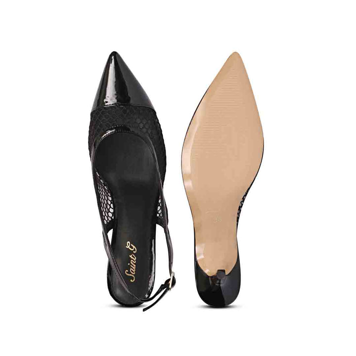 Saint Katy Black Leather & Premium Net Slingback Pumps