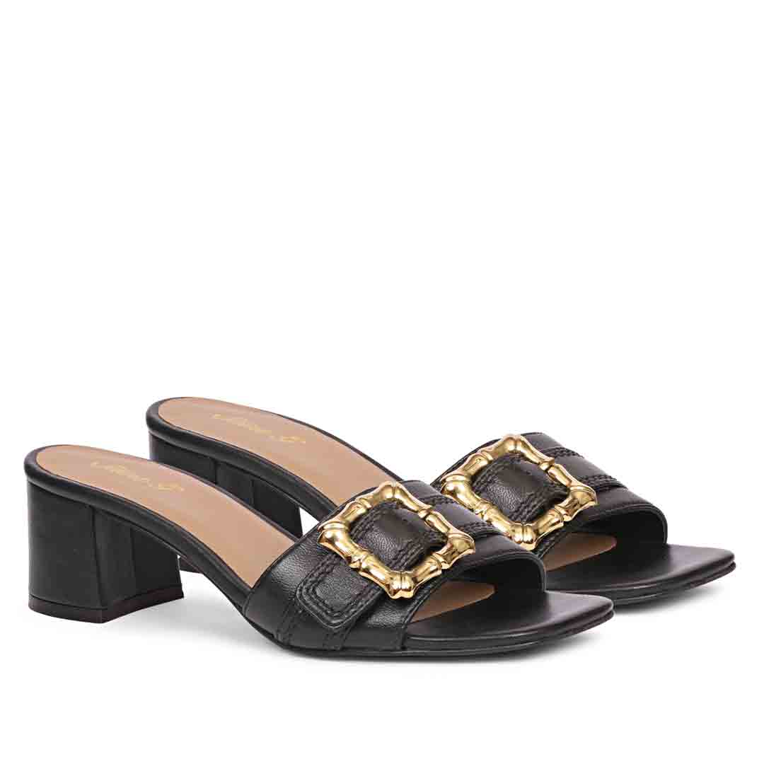Saint Flavia Gold Square Buckle Leather Block Heels