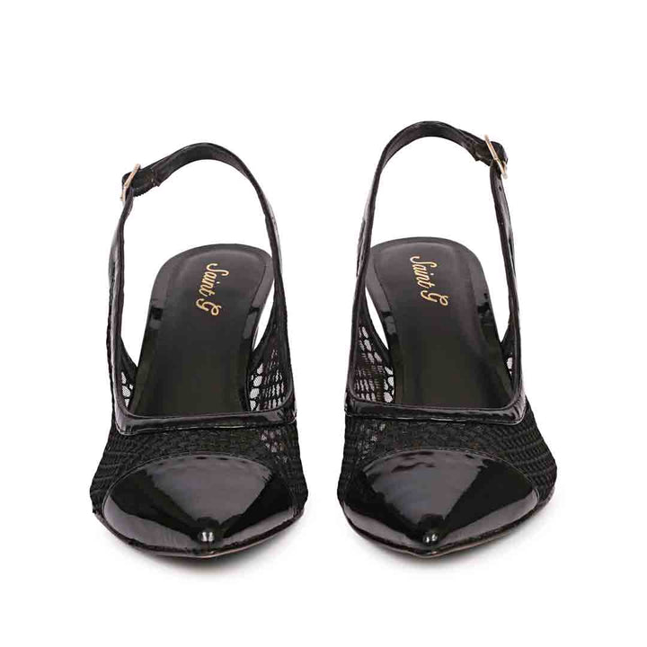 Saint Katy Black Leather & Premium Net Slingback Pumps