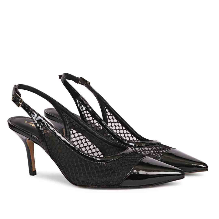 Saint Katy Black Leather & Premium Net Slingback Pumps