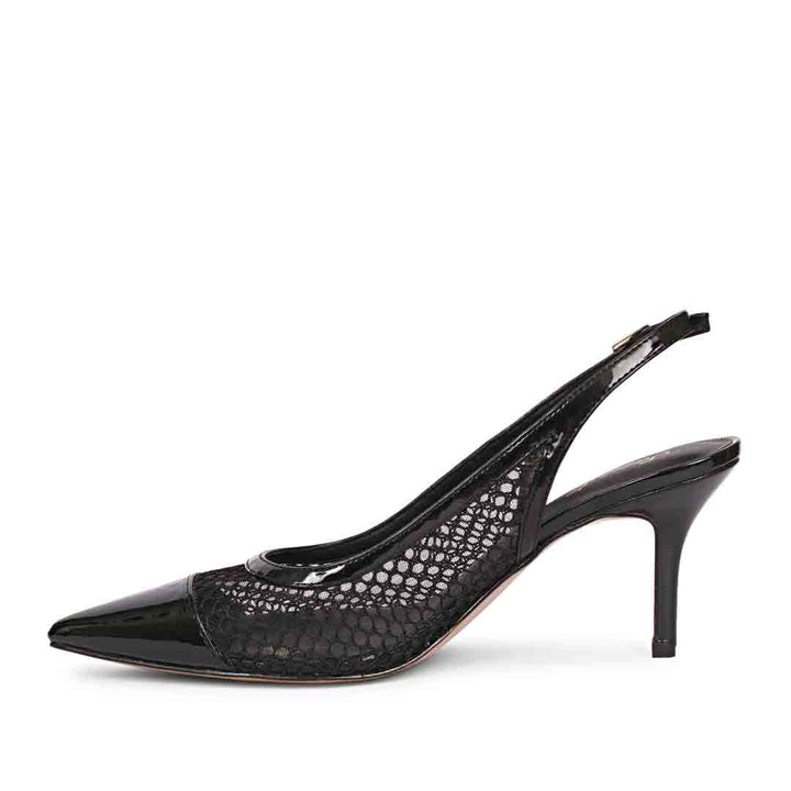 Saint Katy Black Leather & Premium Net Slingback Pumps