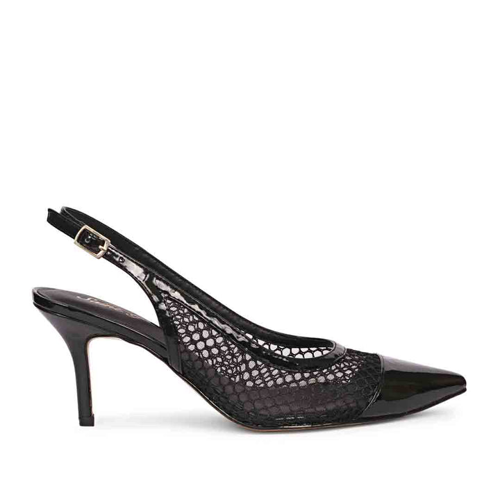 Saint Katy Black Leather & Premium Net Slingback Pumps