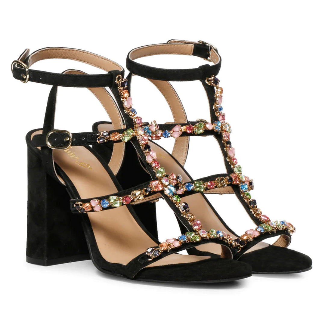 Embellished Black Leather Cage Block Heels
