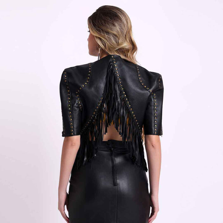 Saint Vera Metal Studded Fringed Leather Short Jackets