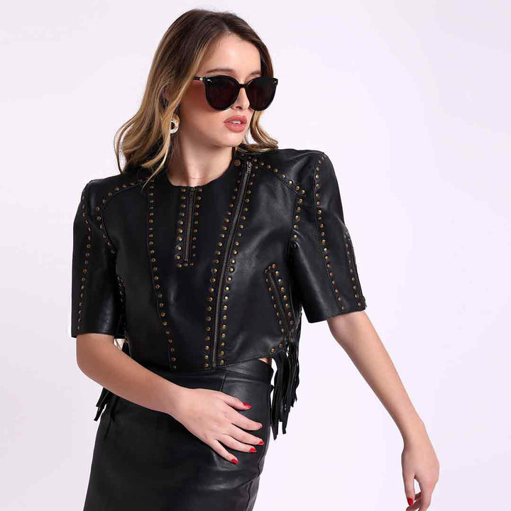 Saint Vera Metal Studded Fringed Leather Short Jackets
