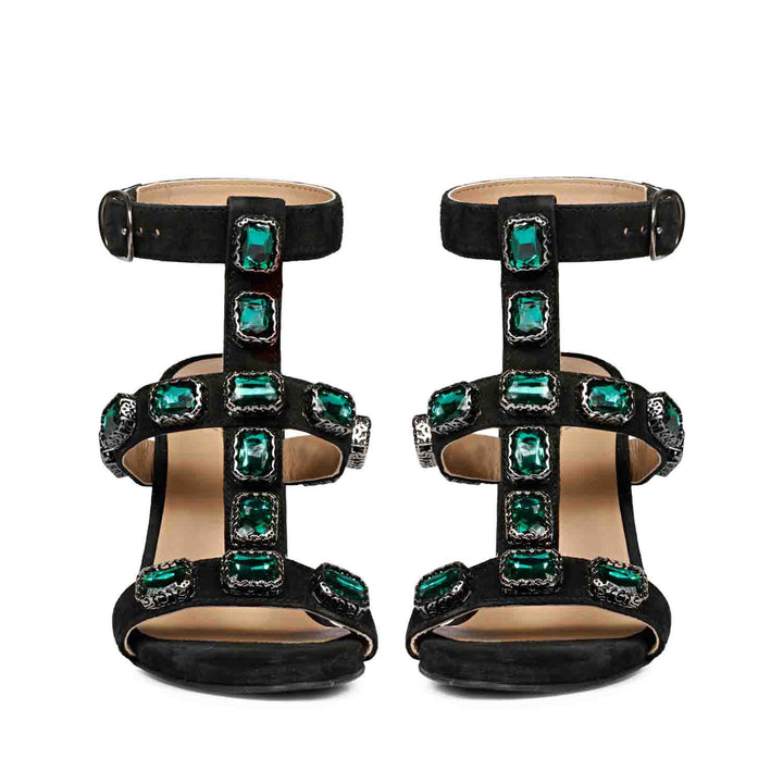 Saint Shirley Green Stone Embellished Black Leather Block Heels