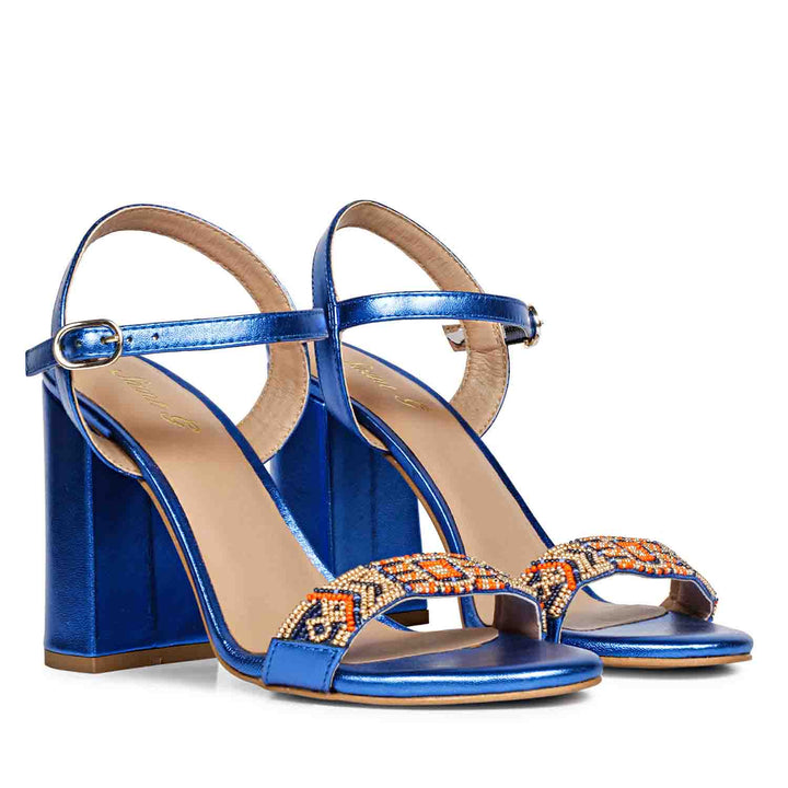 Saint Sierra Hand Embroidered Navy Metallic Leather Block Heels